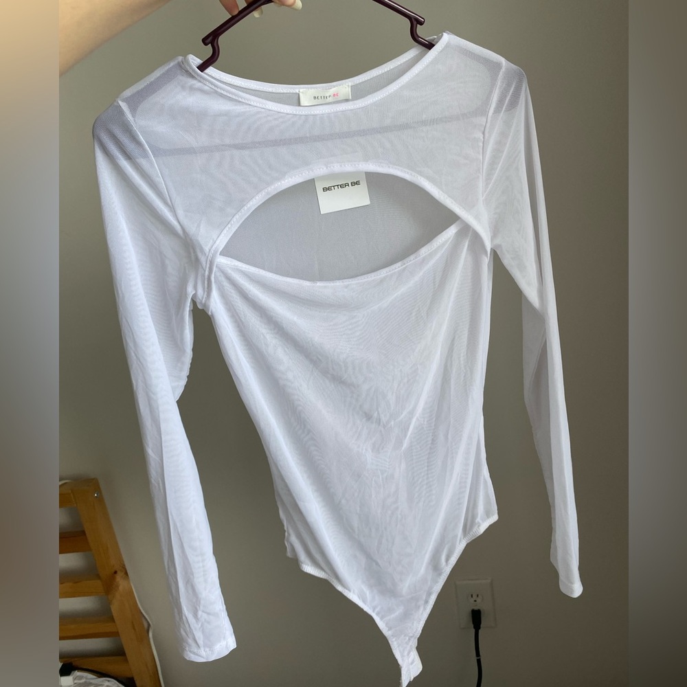 BetterBe Tule Sheer Long Sleeve cut out Round Neck Bodysuit Top white size S NWT